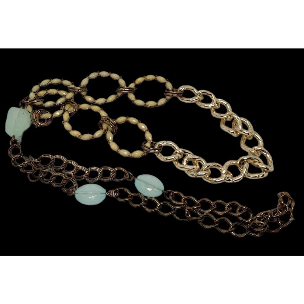 🧚🏻♀️ Aqua Bead Statement Necklace 37” Gold Chain Rhinestone Loop Boho Chic